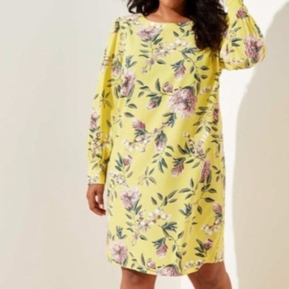 Loft Plus Yellow Floral Midi Shift Dress with Long Sleeves NWOT